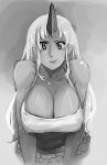  1girl bare_shoulders breast_squeeze breasts cleavage dark_skin greyscale horn huge_breasts leaning_forward long_hair looking_at_viewer monochrome monster_musume_no_iru_nichijou oni pointy_ears skirt smile solo spaghetti_strap tionishia upper_body whistle_frog 