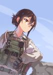  1girl black_gloves brown_hair flak_jacket folded_ponytail gloves looking_to_the_side magazine_(weapon) military nightmaremk2 original parachute short_hair_with_long_locks sky solo upper_body walkie-talkie yellow_eyes 