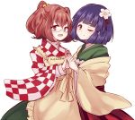  2girls apron bell brown_eyes brown_hair flower glasses hair_bell hair_flower hair_ornament hieda_no_akyuu holding_hands interlocked_fingers japanese_clothes kimono long_sleeves looking_at_viewer motoori_kosuzu multiple_girls one_eye_closed open_mouth purple_hair short_hair smile touhou two_side_up uranaishi_(miraura) violet_eyes wide_sleeves 