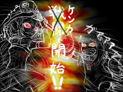  2girls black_hair boxing_gloves clash dress fire glowing glowing_eyes gothic_lolita horns isolated_island_oni kantai_collection lolita_fashion long_hair mittens monochrome multiple_girls northern_ocean_hime onboro_(clunker) open_mouth partially_colored red_eyes shinkaisei-kan simple_background sketch teeth translation_request 