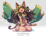  1girl animal_ears barefoot bastet_(p&amp;d) black_hair cat_ears cat_tail closed_eyes dark_skin highres long_hair midriff musical_note navel open_mouth puzzle_&amp;_dragons sitting solo strapless tail tennohi tubetop 