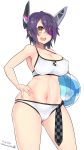  1girl 2015 ball beachball bikini blush breasts checkered_necktie dated eyepatch hand_on_hip headgear highres holding holding_ball kantai_collection kuro_chairo_no_neko large_breasts looking_to_the_side navel necktie open_mouth purple_hair short_hair simple_background solo swimsuit tenryuu_(kantai_collection) thighs twitter_username white_background yellow_eyes 