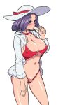  1girl bikini blush breasts choker hanauna hat highres kantai_collection large_breasts looking_at_viewer popsicle purple_hair red_bikini short_hair solo swimsuit tatsuta_(kantai_collection) violet_eyes 