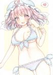  1girl alternate_costume bikini blue_bikini breasts frills front-tie_bikini front-tie_top hair_between_eyes looking_at_viewer midriff mob_cap mugicha0929 open_mouth pink_eyes pink_hair popsicle saigyouji_yuyuko side-tie_bikini solo swimsuit touhou traditional_media under_boob wavy_hair 