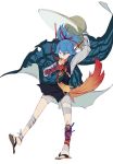  1boy blue_eyes blue_hair food fruit hat japanese_clothes male_focus nineo orange ponytail sayo_samonji shorts touken_ranbu 