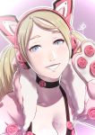  1girl blonde_hair blue_eyes breasts buttons cat_ear_headphones choker cleavage daniel_macgregor eyelashes fur_collar gloves long_hair lucky_chloe namco nose paw_gloves portrait smile solo tekken tekken_7 