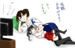  2girls brown_hair delusion_empire green_eyes green_hair hair_ribbon japanese_clothes kaga_(kantai_collection) kantai_collection lying multiple_girls on_side pillow ribbon side_ponytail television thigh-highs translation_request twintails yellow_eyes younger zuikaku_(kantai_collection) 