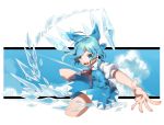  1girl blue_dress blue_eyes blue_hair blue_sky bow cirno clouds commentary_request dress hair_bow highres ice ice_wings open_mouth puffy_short_sleeves puffy_sleeves shirt short_sleeves sky smile sofa_(enogunomu) solo touhou wings 
