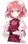  1girl bandages bow bun_cover chinese_clothes cuffs double_bun flower hair_bow ibaraki_kasen looking_at_viewer pink_eyes pink_hair pink_rose puffy_short_sleeves puffy_sleeves rose shackles shirt short_hair short_sleeves smile solo tabard touhou upper_body uranaishi_(miraura) 