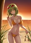  1girl :o bare_shoulders beach bikini bit_(keikou_syrup) blush breasts collarbone front-tie_top glasses green_eyes green_hair gumi holding holding_shoes navel ocean red_sky shoes short_hair side-tie_bottom sky solo sunset swimsuit vocaloid 