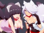  2girls animal_ears black_gloves black_hair black_legwear blue_eyes breasts chemise cleavage collarbone elbow_gloves fox_ears fox_tail gloves hair_over_eyes hime_cut hyudora large_breasts long_hair looking_at_viewer multiple_girls naked_shirt one_eye_closed open_mouth original red_eyes shirt silver_hair smile tail tears thigh-highs yawning 