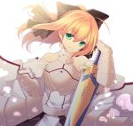  1girl agekichi_(heart_shape) ahoge armor armored_dress bare_shoulders blonde_hair fate/stay_night fate/unlimited_codes fate_(series) green_eyes ponytail saber saber_lily solo sword weapon 
