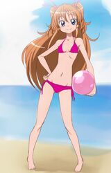  1girl ball beach bikini blue_eyes breasts hand_on_hip houjou_hibiki long_hair looking_at_viewer manji_(tenketsu) ocean orange_hair pink_bikini precure side-tie_bikini smile solo suite_precure swimsuit 