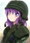  1girl blush helmet highres kem_kem original purple_hair smile soldier solo violet_eyes 