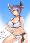  1girl 2015 bikini breasts cleavage dated headgear highres kantai_collection large_breasts samidare_satsuki short_hair solo swimsuit tenryuu_(kantai_collection) white_bikini white_swimsuit yellow_eyes 