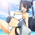  breasts eyepatch headgear kantai_collection machinery masako_(sabotage-mode) midriff purple_hair short_hair smile swimsuit tenryuu_(kantai_collection) turrete yellow_eyes 