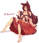  1girl animal_ears bare_shoulders barefoot blush breasts brooch brown_hair colored_pencil_(medium) dress english hot imaizumi_kagerou jewelry large_breasts long_hair long_sleeves open_mouth red_eyes simple_background sitting solo tail terajin tongue tongue_out touhou traditional_media white_background wolf_ears wolf_tail 