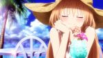  bare_shoulders blush chair closed_eyes clouds cocktail cocktail_glass doma_umaru drinking_straw flower hat highres himouto!_umaru-chan ice_cube light_brown_hair long_hair ocean palm_tree screencap sleeveless smile straw_hat table tree 