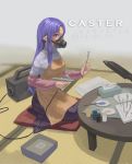  1girl apron blue_eyes blue_hair caster fate/stay_night fate_(series) gas_mask long_hair pointy_ears scotishfold solo tissue_box 