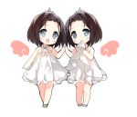  2girls blush chibi looking_at_viewer mouth_hold multiple_girls open_mouth original saru short_hair siblings simple_background smile twins white_background 