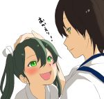  2girls blush brown_hair delusion_empire green_eyes green_hair hair_ribbon hand_on_another&#039;s_head kaga_(kantai_collection) kantai_collection multiple_girls open_mouth ribbon side_ponytail smile translation_request twintails yellow_eyes younger zuikaku_(kantai_collection) 