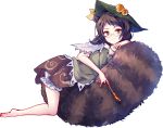  1girl animal_ears barefoot belly_rub brown_eyes brown_hair futatsuiwa_mamizou glasses hat leaf leaf_on_head looking_at_viewer pince-nez pipe raccoon_ears raccoon_tail short_hair simple_background smile solo tail tail_chair touhou uranaishi_(miraura) white_background 
