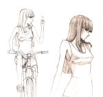  1girl bicycle bike_shorts collage expressionless graphite_(medium) greyscale grin highres hime_cut long_hair middle_finger mole monochrome mountain_bicycle mr_very profile riding shirt sketch sleeveless sleeveless_shirt smile solo traditional_media 