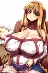   1girl arc_the_lad arc_the_lad_ii bare_shoulders blush breasts brown_eyes brown_hair cradle dress hand_on_own_stomach huge_breasts lieza long_hair pregnant sash sitting smile solo strapless_dress taut_clothes tokyo_(great_akuta) 