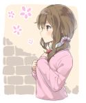  1girl bow brown_hair green_eyes hair_ribbon hand_on_own_chest highres looking_to_the_side max_melon_teitoku ribbon senjougahara_hitagi side_ponytail simple_background sketch solo sweater 