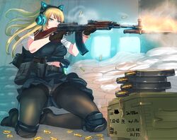  1girl axent_wear bayonet belt black_legwear blonde_hair blue_eyes brown_gloves bullet gloves gun handgun headphones holding_gun holster knee_pads kneeling loafers long_hair magazine_(weapon) original panties panties_under_pantyhose pantyhose panzer rifle shoes solo underwear vest weapon 