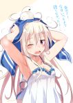  1girl after_shower armpits arms_up blonde_hair blush breasts long_hair looking_at_viewer one_eye_closed original sasahara_wakaba solo towel towel_on_head translation_request twitter_username upper_body violet_eyes 