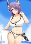  1girl bikini breasts clouds cowboy_shot dated eyepatch headgear highres hips kantai_collection looking_at_viewer looking_to_the_side mizuyan nael short_hair signature sky solo strap_pull swimsuit tenryuu_(kantai_collection) white_bikini white_swimsuit yellow_eyes 