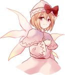  1girl alternate_hair_length alternate_hairstyle blonde_hair bow capelet dress fairy_wings hat hat_bow lily_white long_sleeves looking_at_viewer pink_dress red_eyes short_hair smile solo touhou uranaishi_(miraura) wide_sleeves wings 