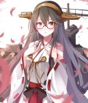  1girl bare_shoulders bespectacled black_hair blush brown_eyes cowboy_shot glasses hair_ornament hairband hairclip hands_on_own_chest haruna_(kantai_collection) headgear highres kantai_collection looking_at_viewer machinery nontraditional_miko open_mouth petals remodel_(kantai_collection) shiguru solo 