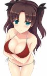  1girl aqua_eyes bare_shoulders bikini blush breast_hold breasts brown_hair cowboy_shot fate/stay_night fate_(series) highres long_hair looking_at_viewer mizunashi_kenichi red_bikini side-tie_bottom simple_background solo swimsuit thigh_gap tohsaka_rin toosaka_rin two_side_up white_background 