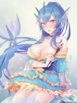  1girl blue_hair breasts calligraphy_brush cleavage fang gyarados highres long_hair open_mouth paintbrush personification pokemon pokemon_(game) red_eyes solo tasselcat 