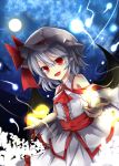  1girl akisome_hatsuka bare_shoulders bat_wings bow fang full_moon hat hat_bow lavender_hair mob_cap moon open_mouth pointy_ears red_eyes remilia_scarlet solo touhou wings 