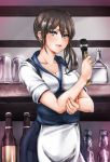  1girl adapted_costume apron asymmetrical_hair blue-burn blue_eyes brown_hair hair_between_eyes japanese_clothes kaga_(kantai_collection) kantai_collection long_hair looking_at_viewer microphone open_mouth short_hair side_ponytail sleeves_rolled_up waist_apron 