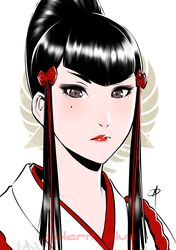  1girl beehive_hairdo black_hair bow brown_eyes daniel_macgregor expressionless eyebrows hair_bow japanese_clothes lips lipstick makeup mishima_kazumi mole mole_under_eye namco pale_skin payot portrait red_eyes solo tekken tekken_7 