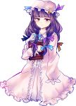  1girl book book_hug coat crescent_moon dress grimoire hair_ribbon highres holding holding_book long_hair long_sleeves mob_cap moon open_clothes open_coat patchouli_knowledge purple_hair ribbon solo touhou tress_ribbon uranaishi_(miraura) very_long_hair violet_eyes white_dress 