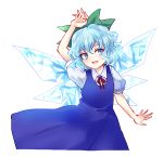  1girl arm_up blue_dress blue_eyes blue_hair bow cirno dress hair_bow ice ice_wings open_mouth puffy_short_sleeves puffy_sleeves shirt short_sleeves smile solo touhou uranaishi_(miraura) wings 