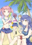  4girls :d :p akebono_(kantai_collection) bare_shoulders beach bell brown_hair commentary_request flower hair_bell hair_bobbles hair_flower hair_ornament innertube kantai_collection long_hair multiple_girls navel oboro_(kantai_collection) ocean open_mouth pink_hair ponytail purple_hair sazanami_(kantai_collection) short_hair side_ponytail smile swimsuit tongue tongue_out ushio_(kantai_collection) wataame27 water water_gun 