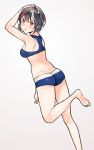  1girl ameyame armpits arms_up ass back black_hair blush buruma dutch_angle hands_on_own_head highres horns kijin_seija looking_at_viewer looking_back multicolored_hair red_eyes solo sports_bra standing_on_one_leg streaked_hair touhou 