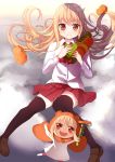  2girls bangs black_legwear blonde_hair brown_eyes chibi clouds crossover doma_umaru dual_persona hamster hamster_costume himouto!_umaru-chan long_hair multiple_girls saito_(pigrank) skirt smile splatoon thigh-highs 