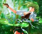  1girl arrow bow_(weapon) breasts brown_gloves canteen cleavage copyright_request cork earrings gloves green_eyes green_hair green_skirt hair_ornament jewelry original short_hair skirt slime solo weapon 