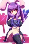  1girl animal_ears bangs blush breast_suppress breasts character_request cleavage crossed_legs dress huge_breasts kneehighs purple_hair rabbit_ears red_eyes ringlets sitting smile solo tokyo_(great_akuta) v_arms 