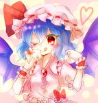  1girl bat_wings blue_hair bow brooch cake eating food hat hat_bow heart jewelry mayo_(mayomr29) mob_cap one_eye_closed red_eyes remilia_scarlet sash solo touhou wings wrist_cuffs 