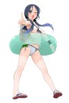  1girl bikini blue_hair blush breasts chagen_kokimu cleavage green_eyes hair_ribbon highres innertube kantai_collection long_hair multiple_girls navel one_eye_closed open_mouth pointing ribbon sandals solo suzukaze_(kantai_collection) swimsuit twintails very_long_hair 