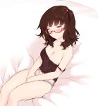  1girl breasts closed_eyes collarbone couch from_above glasses original panties pink_panties semi-rimless_glasses short_hair side_ponytail sitting sleeping solo strap_slip underwear underwear_only v_arms wavy_hair 