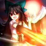  1girl arm_cannon black_hair black_wings bow feathered_wings hair_bow long_hair mayo_(mayomr29) open_mouth red_eyes reiuji_utsuho solo third_eye touhou weapon wings 